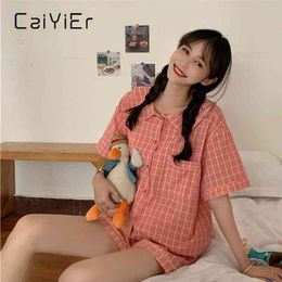 CAIYIER Korea Grid Women Pyjamas Suit Summer Cute 2Pieces of Pyjama Shorts+short Sleeve Shirt Doll Collar Sleepwear Homewear 210809