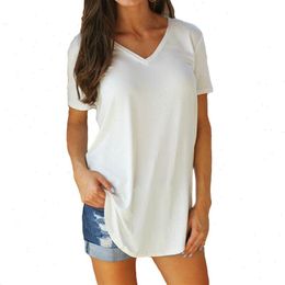 Summer T-shirt Women Fashion V-neck Large Size Tees Ladies S- Solid Colour Black Casual Shirt White Top