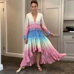 INSPIRED Ruffled for High Low Rainbow Long Dress V-neck chiffon summer party tassle chic women 210412