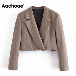 Aachoae Spring Autumn Notched Neck Elegant Plaid Blazer Women Long Sleeve Fashion Office Crop Tops Outerwear Lady Short Blazer 210413