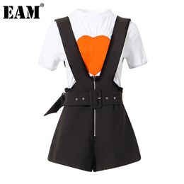 [EAM] Wide Leg Shorts Two Piece Suit Round Neck Short Sleeve Black Loose Fit Women Fashion Spring Summer 1DD8070 210512