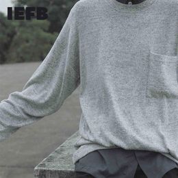 IEFB high quality comfortable round collar kintted t-shirt for men spring single pockets loose casual pullovers tops 210524