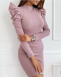 Women Bodycon Mini Dress Knitted Cotton Long Sleeve Puff Sleeve Dresses Pure Casual Women Clothes Ladies Slim Sweater Dress 210521