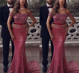 Evening Red Mermaid Dresses Sparkly Sequins Ribbon Off the Shoulder Sweep Train Custom Made Plus Size Dubai Arabic Prom Party Gown Vestidos