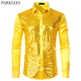 Men's Luxury Sequin Dress Shirts Long Sleeve Silk Satin Shiny Disco Party Shirt Men Chemise Stage Dance Nightclub Prom Costume 210410