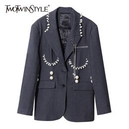 Casual Patchwork Pearl Blazer For Women Notched Long Sleeve Temperament Blazers Female Fashion Clothing Spring 210524