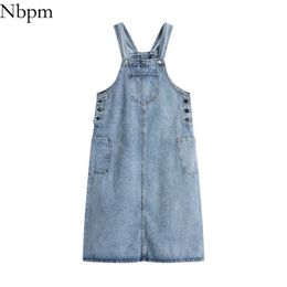 Nbpm Women Chic Fashion With Denim Strap Dress All-Match Loose Washed Spring Summer Vintage Sundresses Cute Pockets 210529