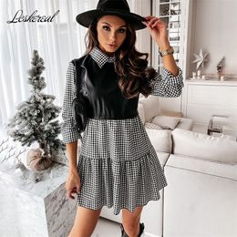 Casual Long Sleeve Mini Shirt Dress For Women White Spring PU Leather Patchwork Plaid Woman Dresses Clothing Femme Robe 220228