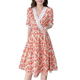 dresses for women V-neck Printed Skirt Lace Stitching Thin Elegant Dress Women Summer Fashion Women's Clothing 210520