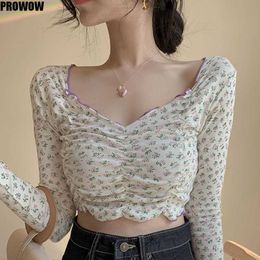 2020 Summer Sexy Chic Long Sleeve Flower Print T Shirts Women Vintage V Neck Cropped Pleated Tops Female Slim Fit Tees Shirts X0628