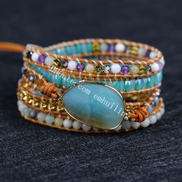 Handmade 5 Wrap Mixed Beaded Strands Bracelet Freeform Natural Amazonite Healing Quartz Crystal Gemstone Charm Leather Boho Bracelets for Men Women Collection