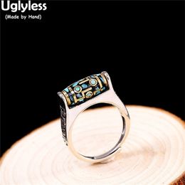 Uglyless Antique Tibetan Buddhism Spinning Dzi Bead Rings Men Women Neutral Open Rotate GOOD LUCK Gifts Jewellery 925 Silver 211217