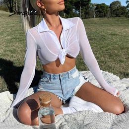 Sexy summer beach style mesh women shirts slim Solid long sleeves lapel blouses female fashion crop tops party 210414