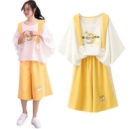 Women's Tracksuits Summer Women Kawaii Sailor Collar T-shirt + Wide Leg Pants 2 Pcs Set Teenager Girls Cute Dog Embroidery Batwing Sleeve Te