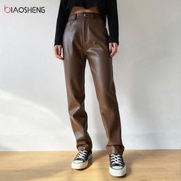 Faux PU Leather Pants For Women Trouser High Waist Straight Leg Pants Fashion Brown Casual Vintage Leisure Pants Streetwear 210706