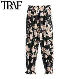 TRAF Women Fashion Side Pockets Floral Print Pants Vintage High Elastic Waist Ruffled Hem Female Ankle Trousers Mujer 210415
