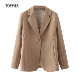 Woman Single Button Blazer Leisure Suit Jacket Office Ladies Notched Collar 210421