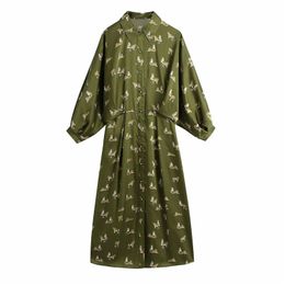 Streetwear Women Tigers Print Dress Fashion Ladies Turn Down Collar Causal Female Chic Green Satin Loose Long es 210427