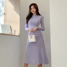 Dress autumn and winter ladies women's fashion oblique collar side waist slim fit Office Lady Polyester 210416