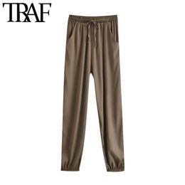 TRAF Women Chic Fashion Side Pockets Jogger Pants Vintage High Elastic Waist Drawstring Female Ankle Trousers Mujer 210415