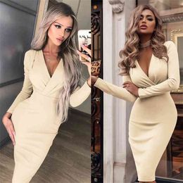 Women Dress Autumn Spring Sexy Slim Fit Bodycon Solid Elegant Office Lady Vintage Long Sleeve Evening Party V-Neck Clubwear 210522