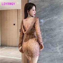Sexy female autumn and winter ladies temperament long-sleeved slim bottoming dress Knee-Length Office Lady Polyester 210416