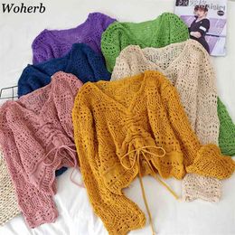 Woherb Women Sweater Thin Loose Female Pullover Short V-neck Hollow Out Knitted Drawstring Three Quarter Sleeve Ladies Crop Tops 210918