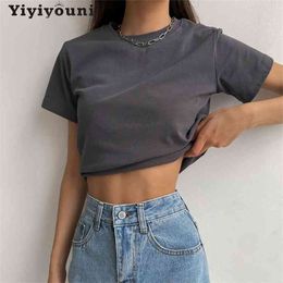 Yiyiyouni Solid Casual Basic T-shirt Women Summer Short Sleeve Cotton Tee-Shirt O-Neck Black White Korean Tops Female 210720