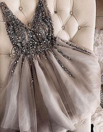 Grey Cocktail Dresses 2021 V-Neck Sparkles Sequins Beading Tulle Short Prom Dresses Vestidos De Gala Women Graduation Gown Robe