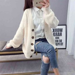 Long-sleeved V-neck Knitted Sweater Women Loose Commuting Retro Striped Jacquard Cute Single-breasted Cardigan Female 210427