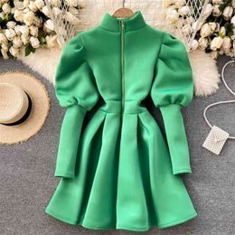 Spring Vestidos Women's Bubble Sleeves Front and Back Two Wear Temperament Stand-up Collar Zipper Slim Midi Dress GK447 210506