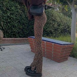Brown Leopard Y2K Sweatpants Vintage 90s Streetwear Split Pants Women E Girl Aesthetic Long Straight High Waist Trousers Female 210415