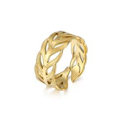 Charm Stainless Steel Leaf Opening Ring for Women 14K Metal Gold Color Texture Jewelry Fashion anillos mujer Bijoux Femme