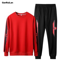 Spring Sweatshirts Suit Men Casual Pullover Round Neck Top And Long Pant Two Piece Set Fashion Patchwork Sports Suit 210518