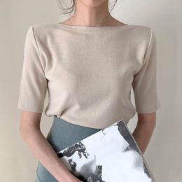 knit T shirt Women Femme O-Neck Korean style office lady Summer Top Basic Tshirt 210515