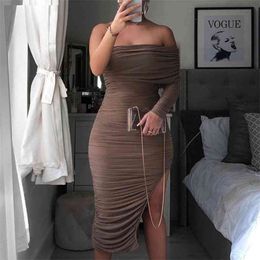 OMSJ Sexy Vintage Style Long Sleeve Bodycon Dress Women's One Shoulder Split Elegant Dresses Female Autumn Winter Party Vestidos 210517