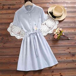 Mori Girl Summer Style Women Cute Dress Striped Cotton Linen Vestidos Verano Vintage Cat Embroidery Female Tunic Dresses 210520