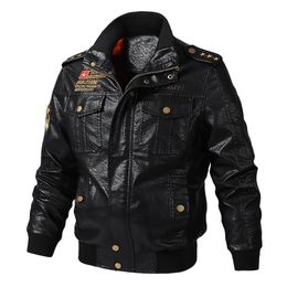 The Men's Leather Jacket Classic Embroidery Pu Casual Stand-up Collar Air Force Pilot Pocket Brown Leather Jacket 220125