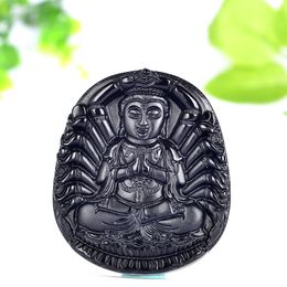 Fine Jewellery Black Natural Obsidian Pendant Lucky Amulet Blessing Jade Necklace Women Men