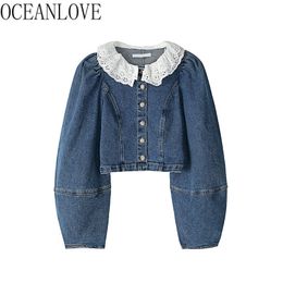 Denim Blouses Women Tops Lace Patchwork Ruffles Single Breasted Ropa Mujer Short Ins Fashion Blusas Vintage 210415