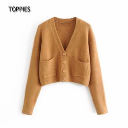 Toppies Woman Crop Sweater Short Knitted Cardigans Single Breasted Jacket Coat Camel Tops With Pockets Female Fashion Clothes 210412