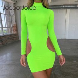 Jocoo Jolee Women Sexy Hollow Out Neon Mini Dress Fashion Spring Autumn Long Sleeve Turtleneck Bodycon Club Dress 210619