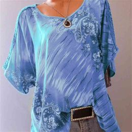 Womens Blouses Print Tunic O Neck Short Sleeve Loose Shirts Summer Tops Sexy Lace Casual Blouse Shirt Plus Size 5XL 210401
