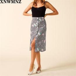 High Waist Split Skirt harajuku Floral Print Black skirts womens France Center Buttons Slim Women Midi 210520