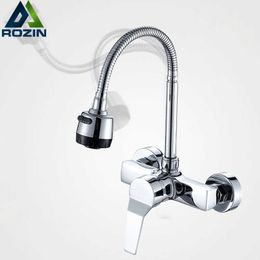 Stream Spray Bubbler Bathroom Kitchen Faucet Wall Mounted Dual Hole and Cold Water Flexible Pipe Kitchen Mixer 210724