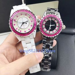 Classic fashion female male quartz watch black white ceramic watches with pink blue diamond famous brand ceramics clock 33 38mm