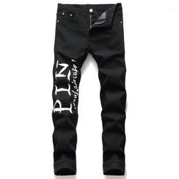 mens club jeans UK - Men's Jeans High Street Color Letter Print Men Black Stretch Comfortable Pants Slim Fit Hip Hop Club Dance Trousers1