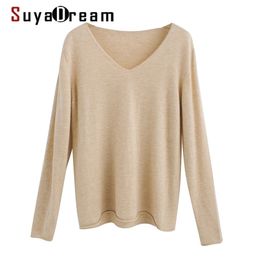 SuyaDream woman Colour Wool sweaters 100%Wool V neck Pullovers Solid Basic Sweaters Fall Winter Shirts 211103