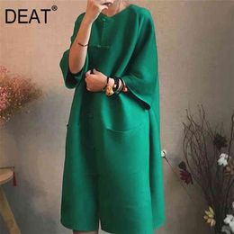 DEAT pleated coat women's seven sleeve chinese style Buckle design loose pocket solid Summer fashion jackets AR768 210812