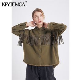 Vintage Stylish Fringe Beaded Loose Denim Jacket Coat Women Fashion Long Sleeve Frayed Trim Ladies Outerwear Chaqueta Mujer 211014